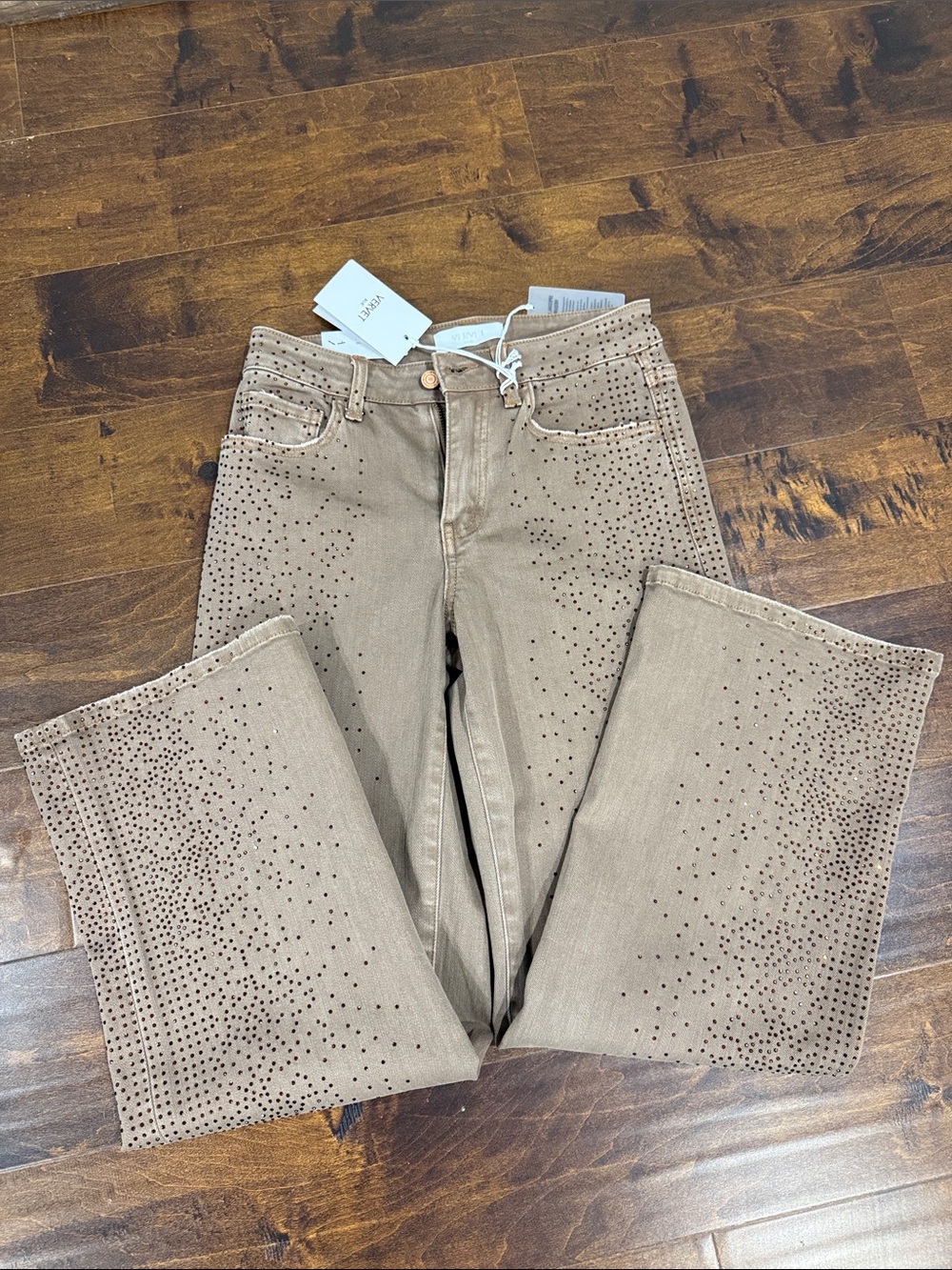 Studded Wide-Leg Jeans in Taupe — Women’s Flare Jeans